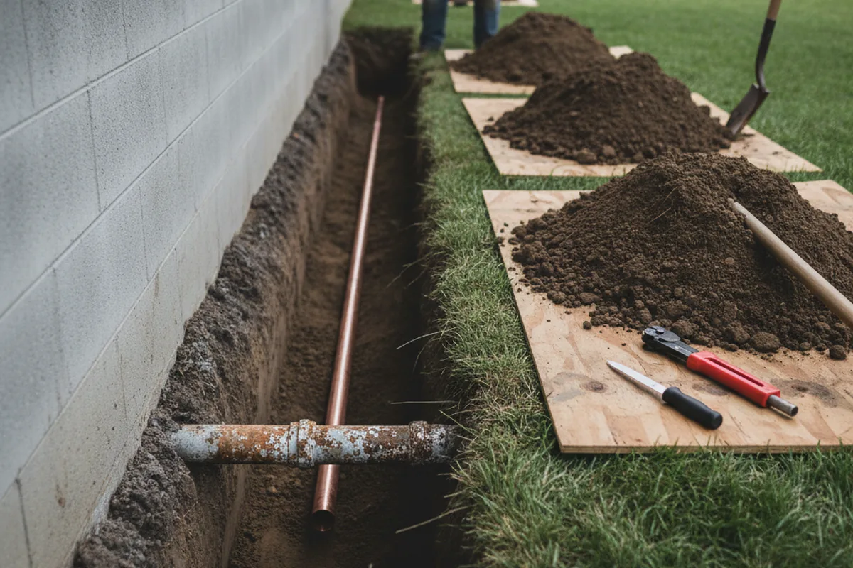 Excavated water line trench during Water Heater Repair in Hanford